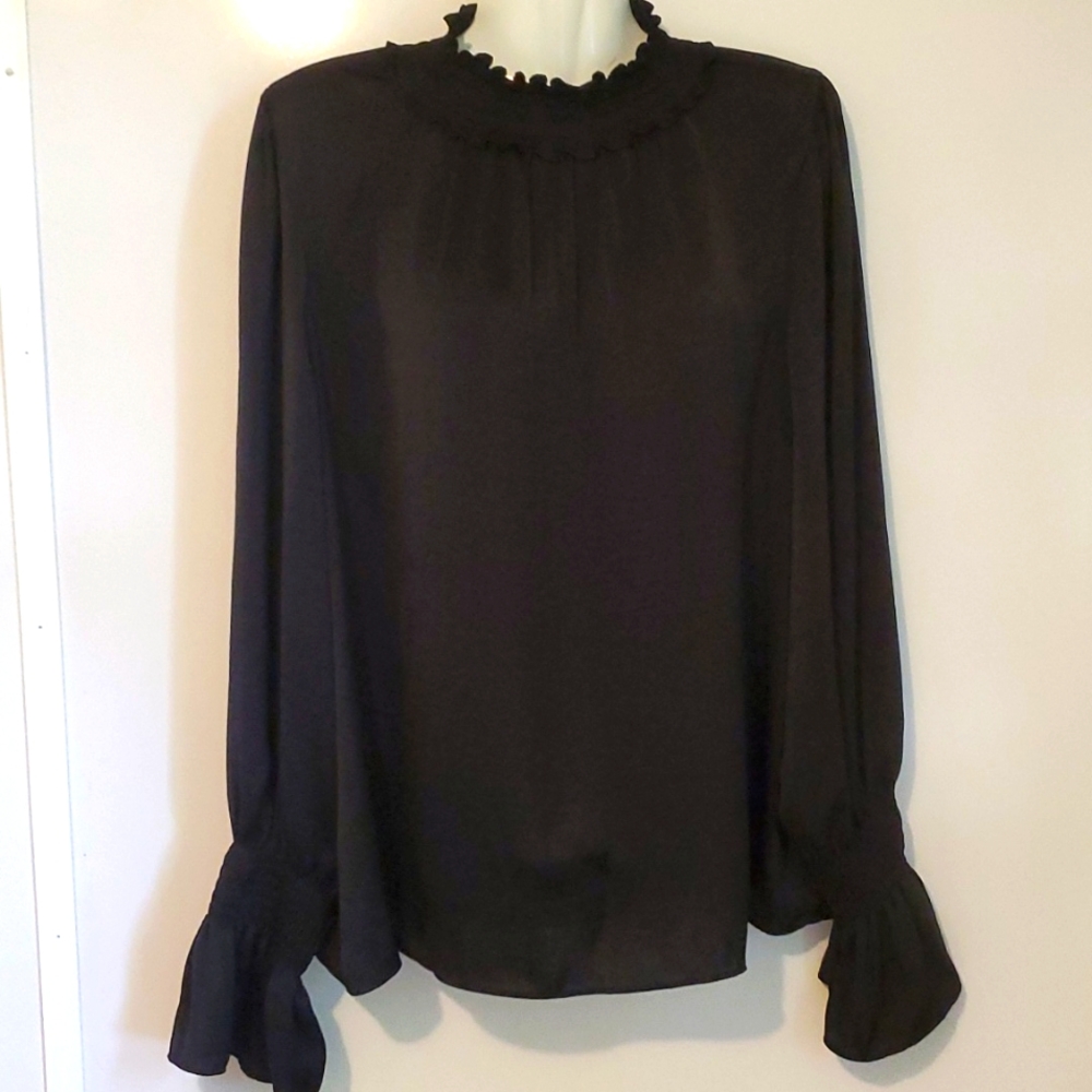Women's Black Ruffle-Neck Long Sleeve Blouse